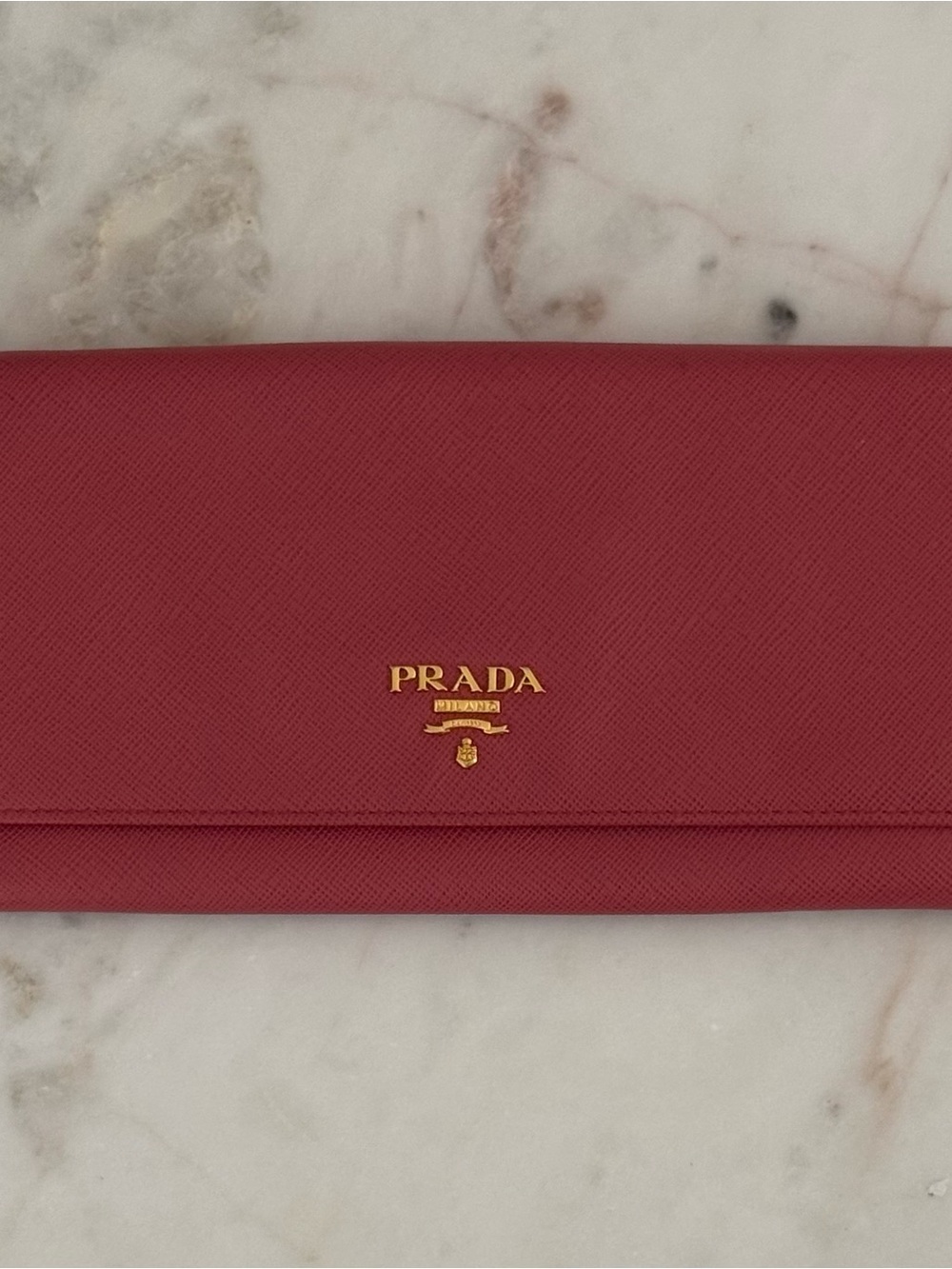 Prada Soft Pink Saffiano Leather Continental Wallet with Gold Logo
